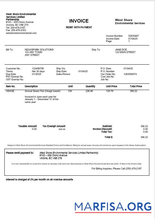 Printable USA WEST SHORE business utility bill Word and PDF template